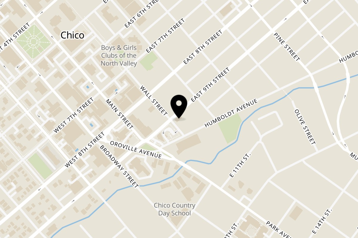 Map showing the location of La Cocina Economica on 905 Wall St in Chico